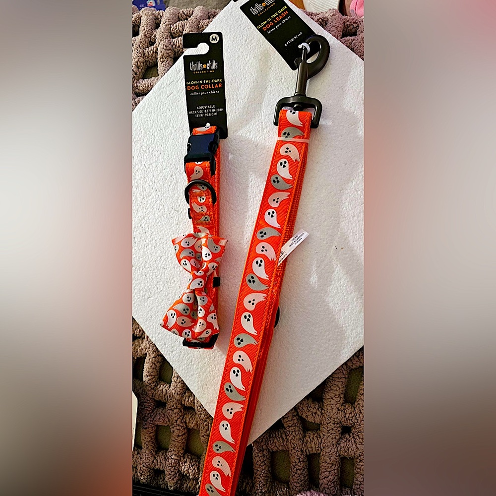 Thrills & Chills Orange Ghosts Glow In The Dark Collar & Leash Set (M)